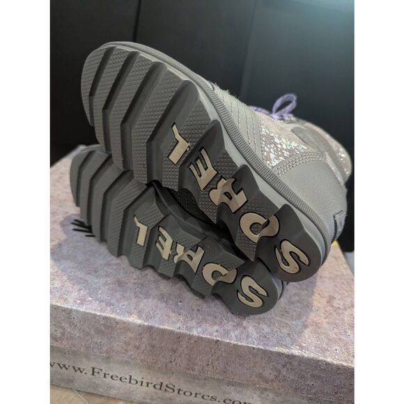 SOREL Lexi Youth Wedge Boots Sz 1 Gray w/ Silver Splash Glitter Purple Laces - Picture 7 of 8